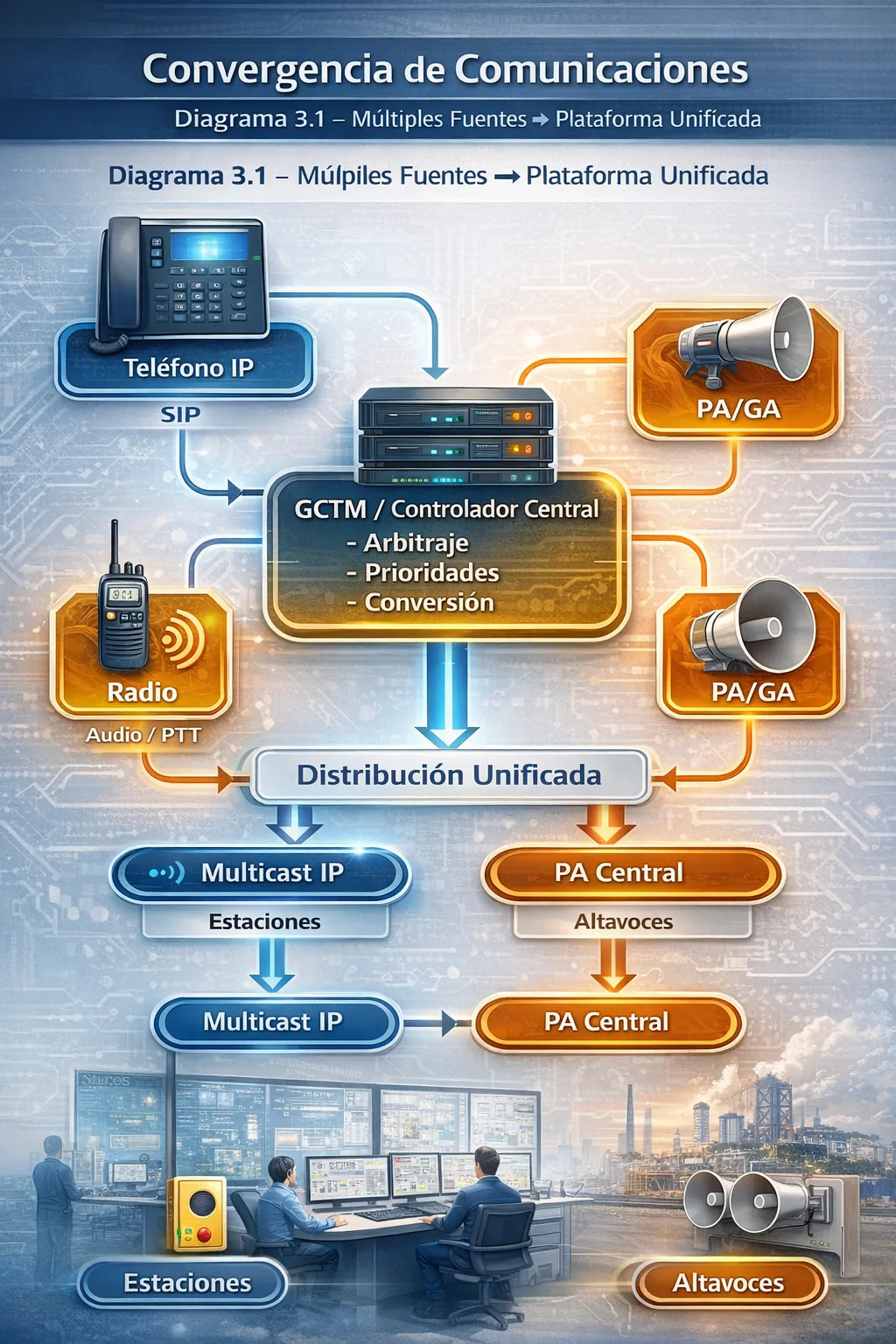 Diagrama de convergencia entre telefonía IP SIP, radio, PA/GA, estaciones multicast y altavoces