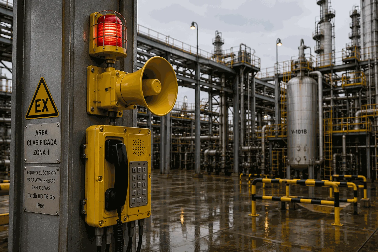 Estación de intercomunicación y altavoz de voceo industrial en área clasificada de una planta