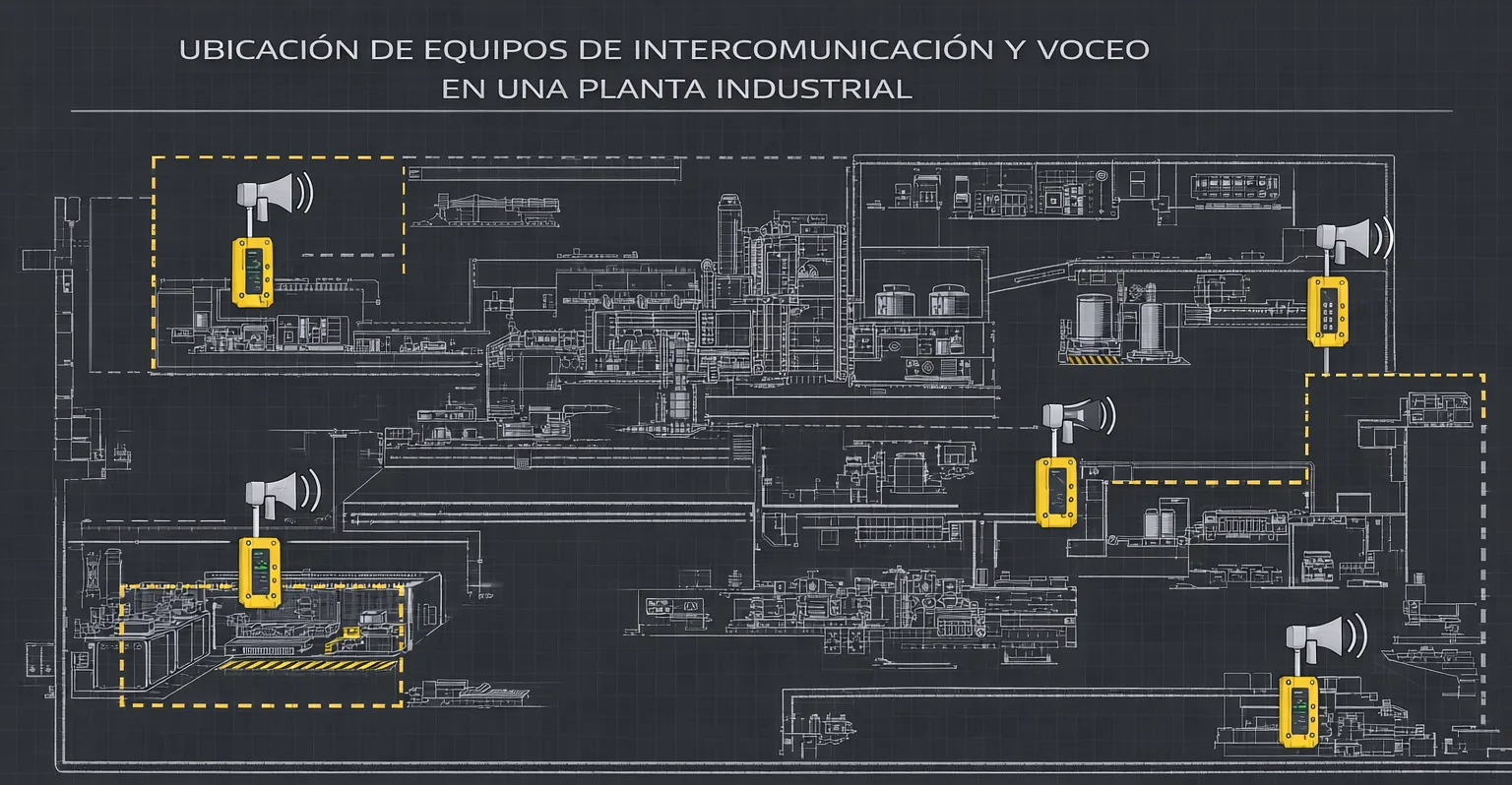Ubicación de estaciones de intercomunicación y altavoces de voceo en distintas áreas de una planta industrial