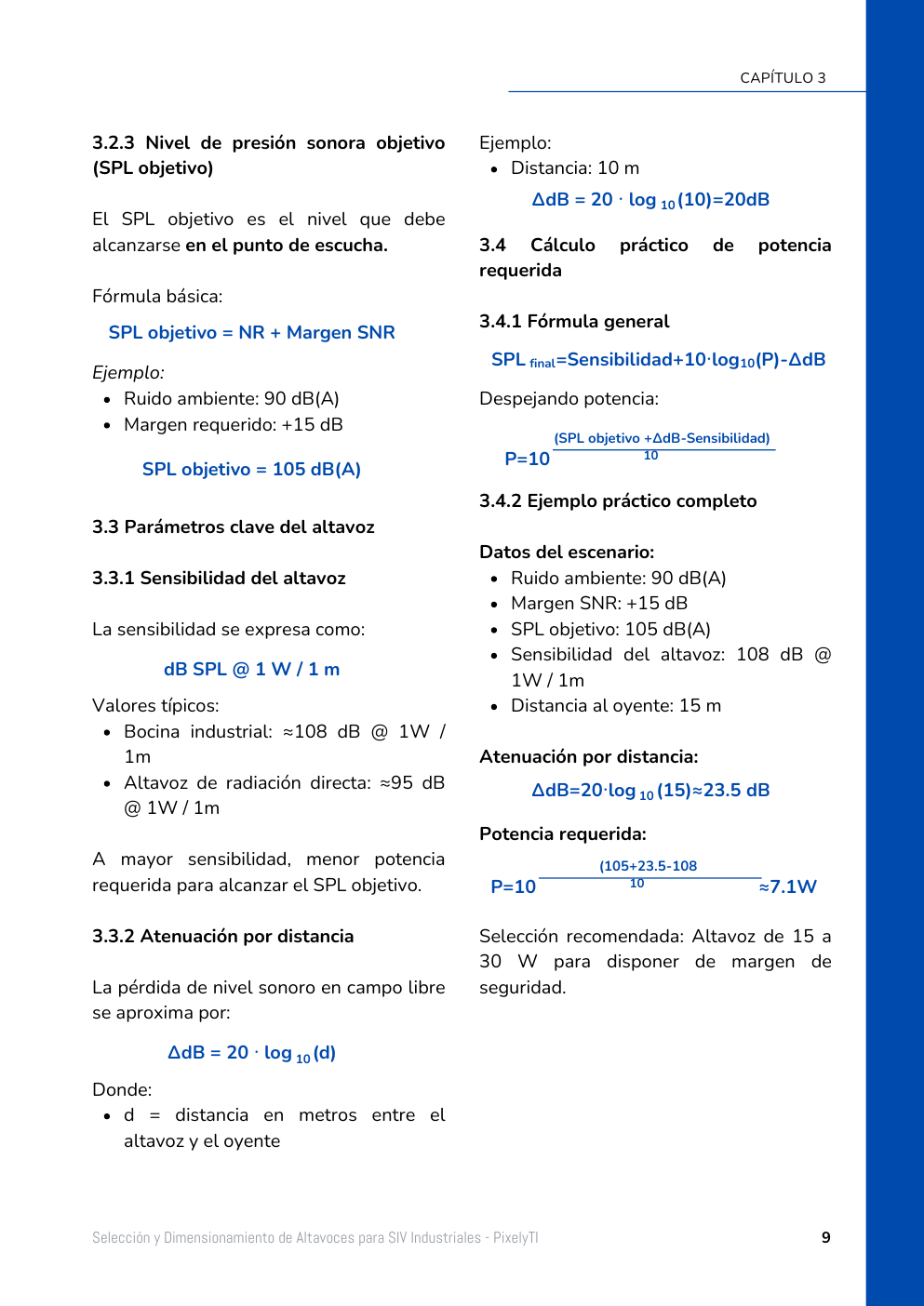 Página del eBook con fórmulas para calcular potencia y nivel de presión sonora