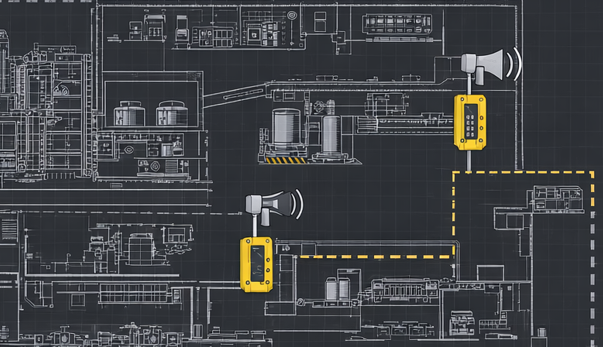 Diagrama de ubicación de estaciones y altavoces de un SIV sobre plano industrial